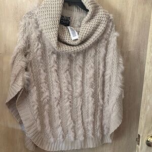 Dolce Cabo Taupe Cowl-Neck Textured Poncho Sweater real rabbit fur s/m NWT